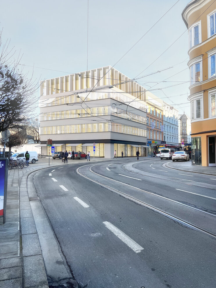 Aufstockung und Fassadengestaltung Museumstraße 1 in Innsbruck, Schaubild: Henke Schreieck Architekten ZT GmbH